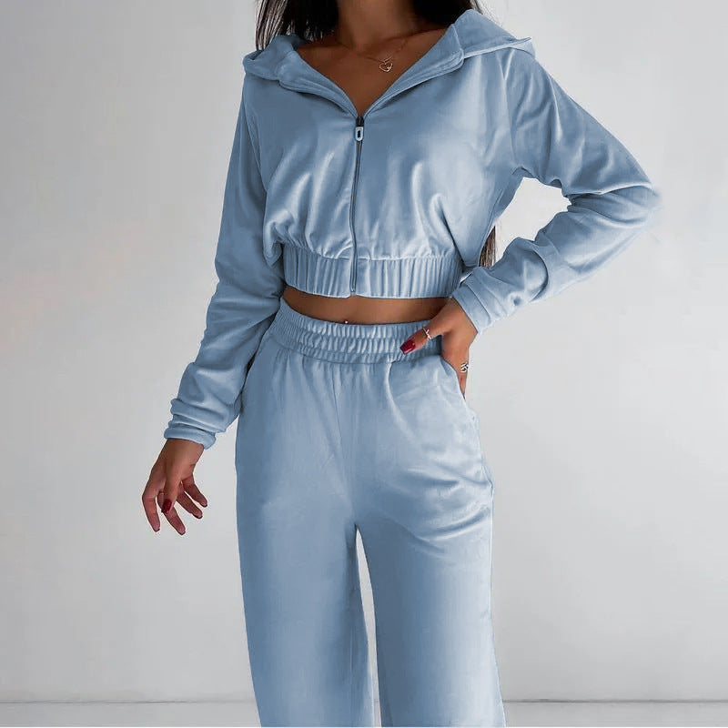 Damen kurz geschnittenes Samt-Lounge-Set mit tailliertem Zip-Hoodie und fließender Highwaist-Palazzohose Drune