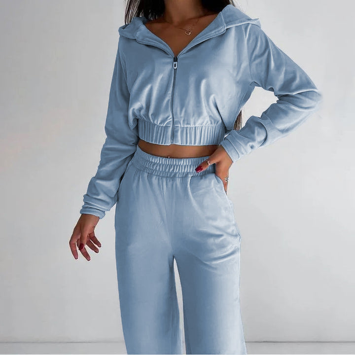 Damen kurz geschnittenes Samt-Lounge-Set mit tailliertem Zip-Hoodie und fließender Highwaist-Palazzohose Drune