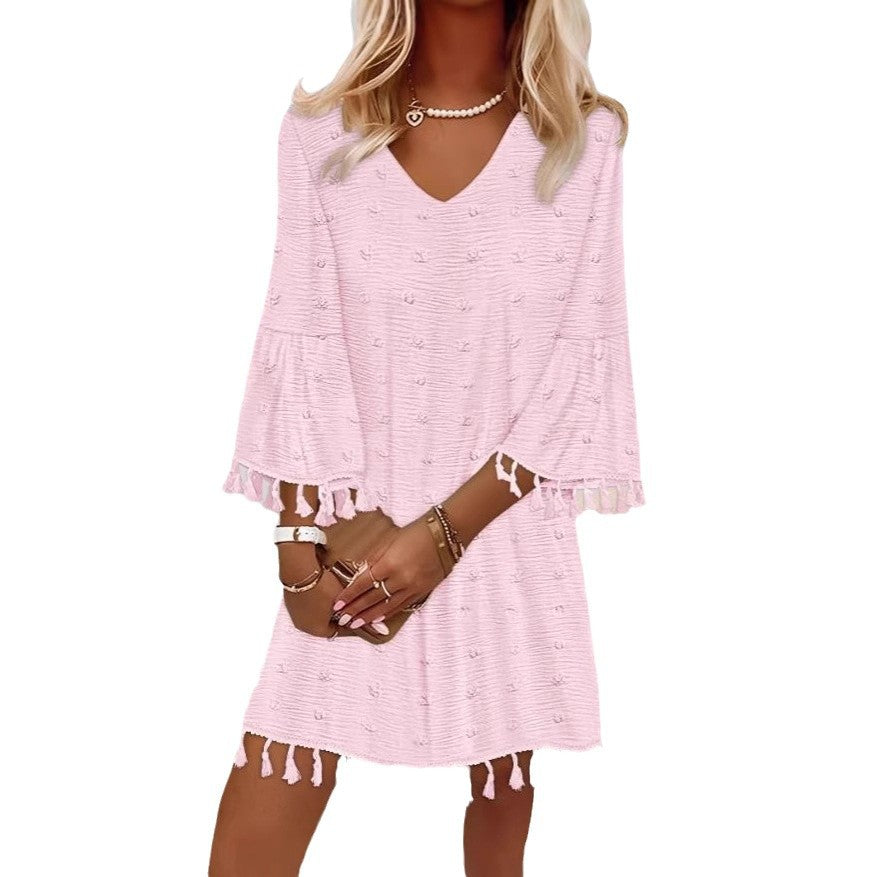 Damen Strandkleid mit modischen Fransen und V-Ausschnitt Drune