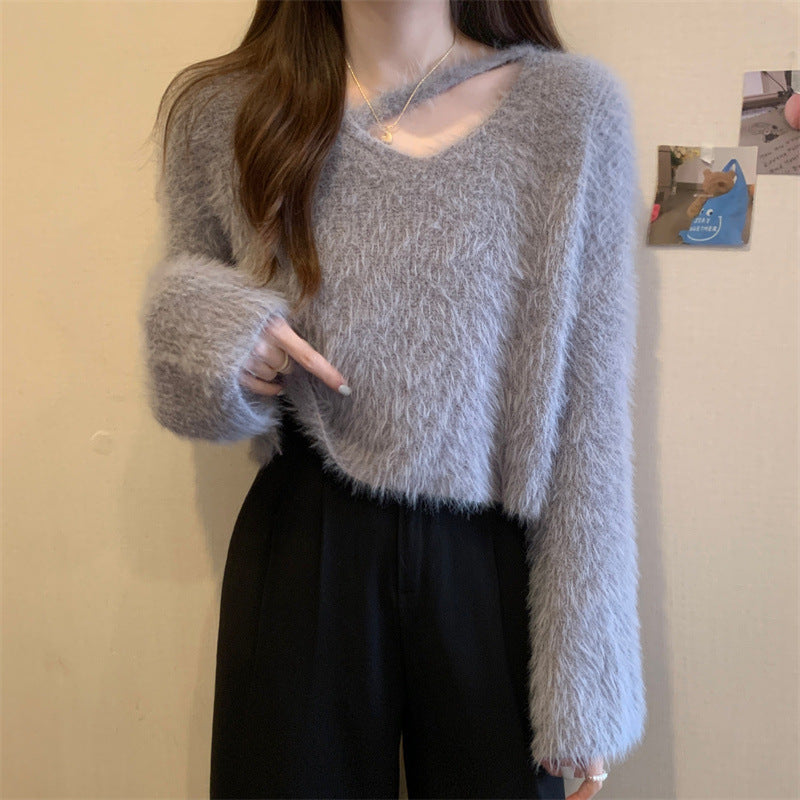 Damen Flauschiger Pulli mit lässigem Schnitt und tiefem V-Ausschnitt Drune