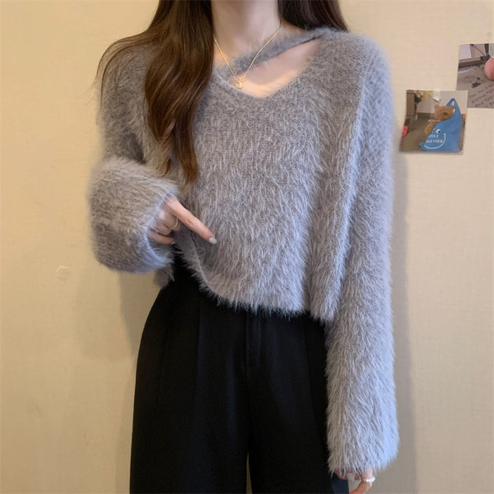 Damen Flauschiger Pulli mit lässigem Schnitt und tiefem V-Ausschnitt Drune