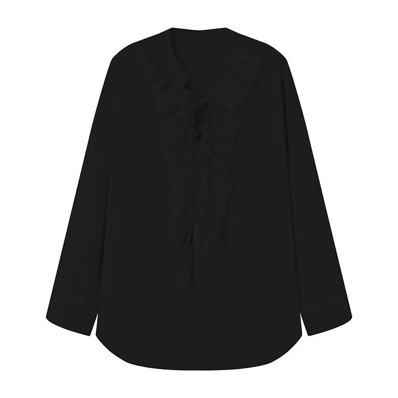 Damen nan Rüschenbluse mit Neck-Tie, plissierten Volants vorn und legerer Longline-Silhouette Drune