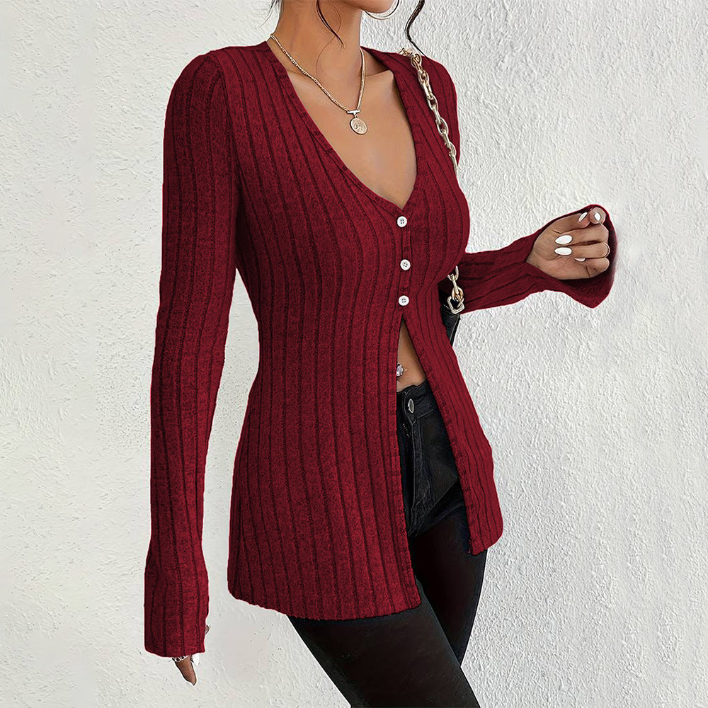 Damen gerippter V-Ausschnitt-Cardigan mit Knopfleiste taillierter Longline-Silhouette Drune