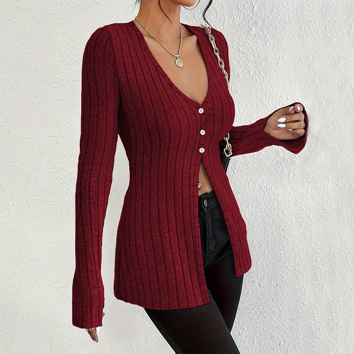 Damen gerippter V-Ausschnitt-Cardigan mit Knopfleiste taillierter Longline-Silhouette Drune