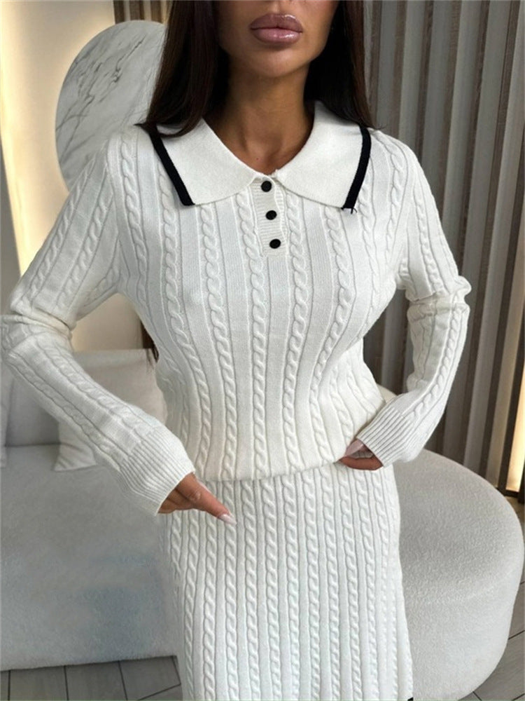 Damen Zweiteiliges Zopfstrick-Kleid mit Taillenbund und Polokragen Drune