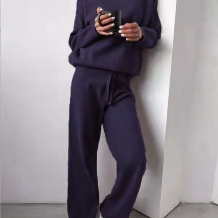 Damen kuscheliges Strick-Loungewear-Set mit weiten Hosen und elegantem Rundhalsausschnitt Drune