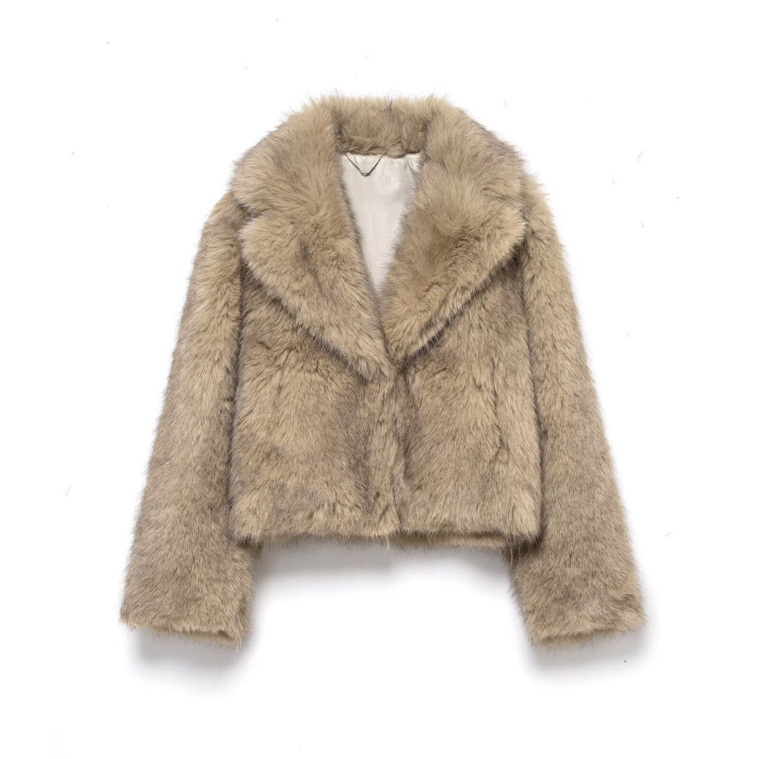 Damen Kurz geschnittener Faux-Fur-Mantel mit weitem Reverskragen Drune