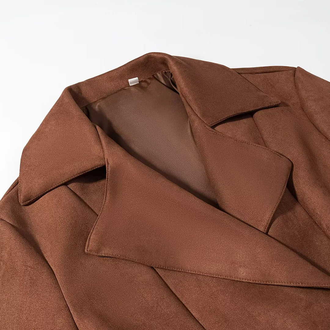Damen nan taillierte Cropped-Wildlederoptik Jacke mit Schalkragen und Bindegürtel Drune
