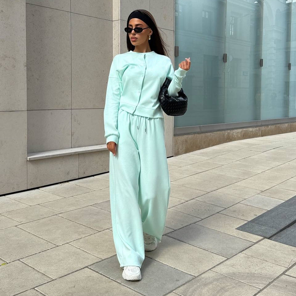 Damen Zweiteiliges Loungewear-Set mit verdeckter Druckknopf-Cardigan und weiten High-Waist Jogpants Drune