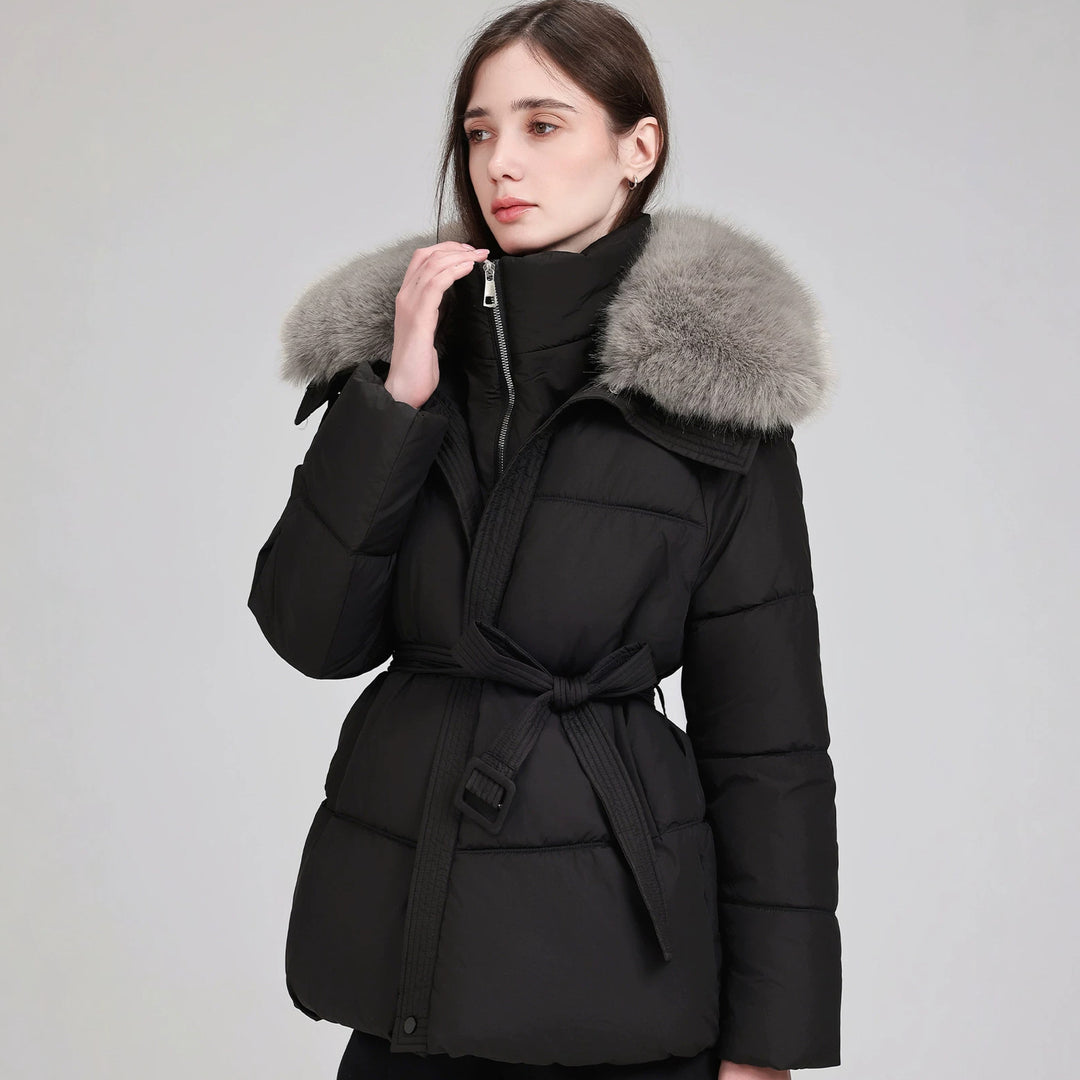 Damen Taillierter Pufferparka mit Wickelgürtel, hohem Stehkragen und voluminösem Fellkragen Drune