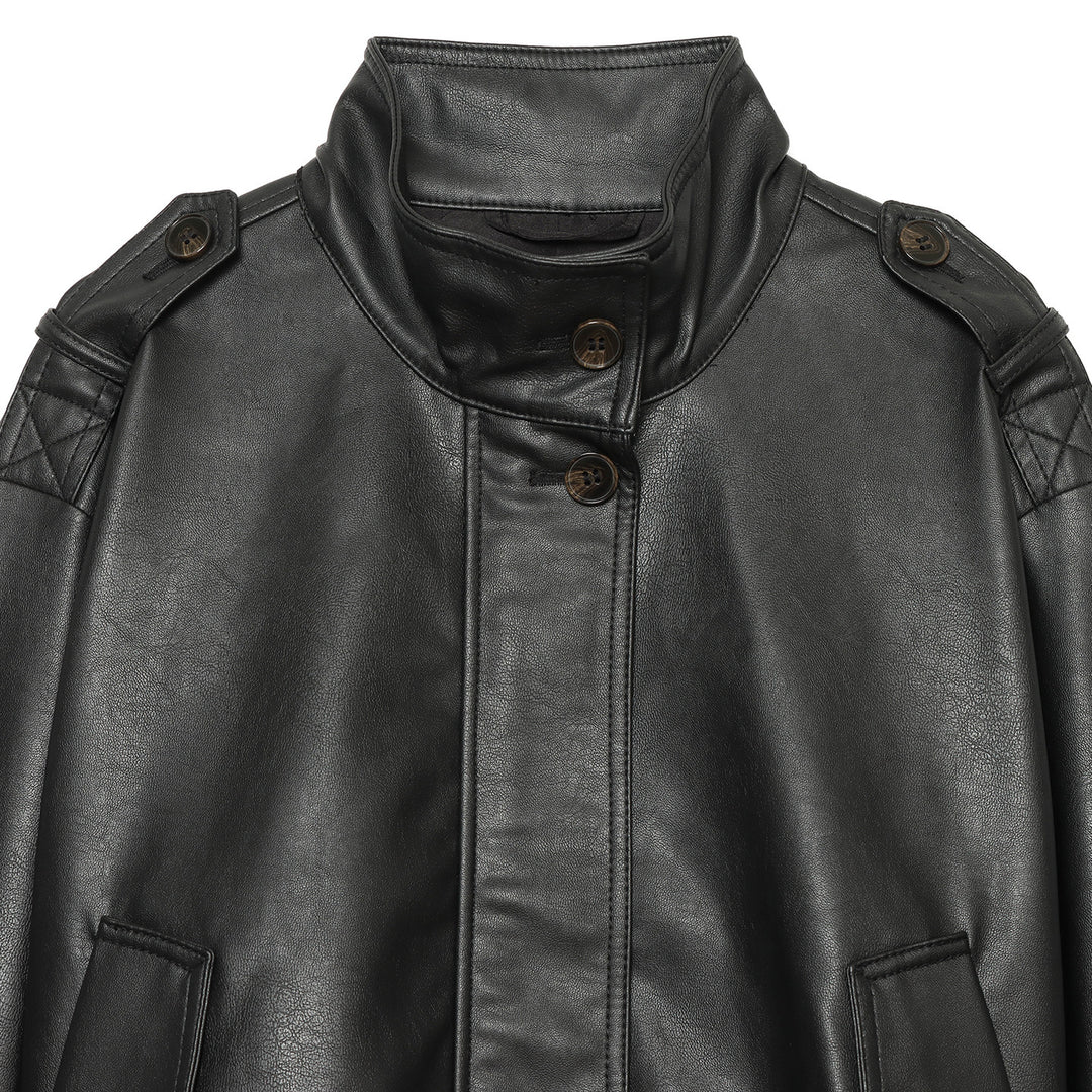 Damen Cropped Kunstleder-Fieldjacke mit hohem Stehkragen, Schulterriegeln und elastischem Saum Drune