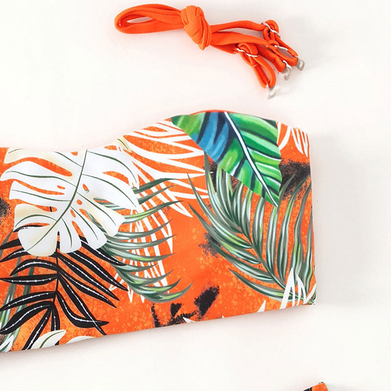 Damen Bandeau-Bikini mit lebhaftem Tropenmuster und hohem Taillenschnitt Drune