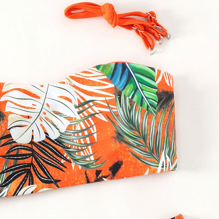 Damen Bandeau-Bikini mit lebhaftem Tropenmuster und hohem Taillenschnitt Drune