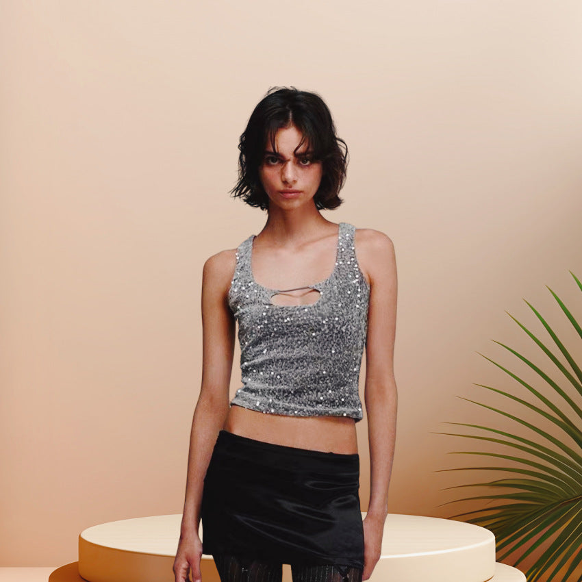 Damen Glitzerndes Crop-Top mit modischem Schlüssel-Ausschnitt und figurbetontem Schnitt Drune