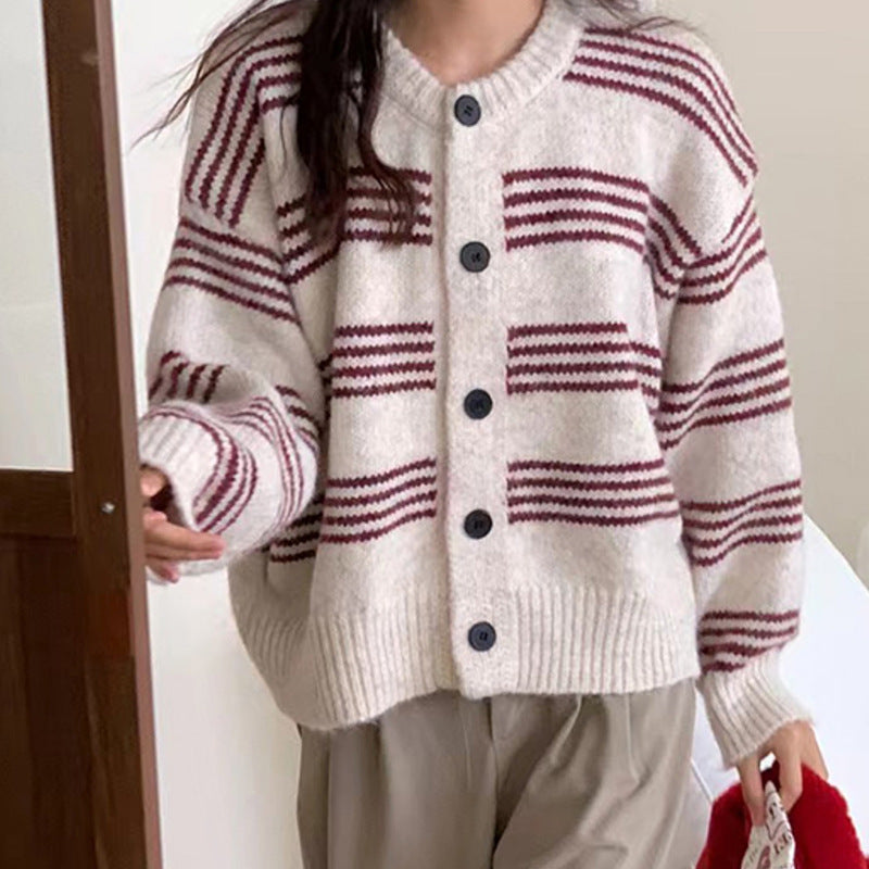 Damen modische Strickjacke mit kontrastierenden Streifen und praktischen Knöpfen Drune