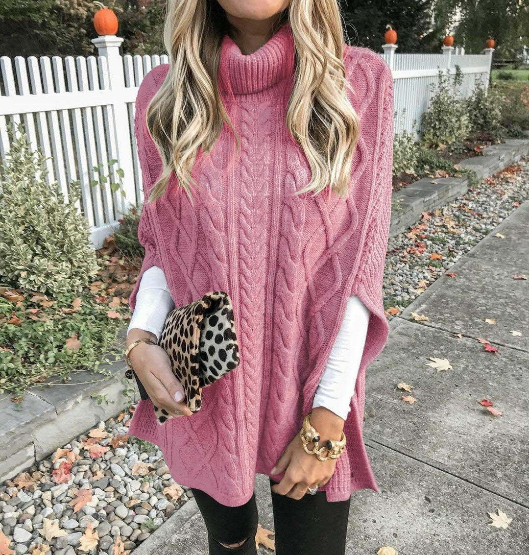 Damen Grobstrick-Poncho mit hohem Kragen und Zopf-Design Drune