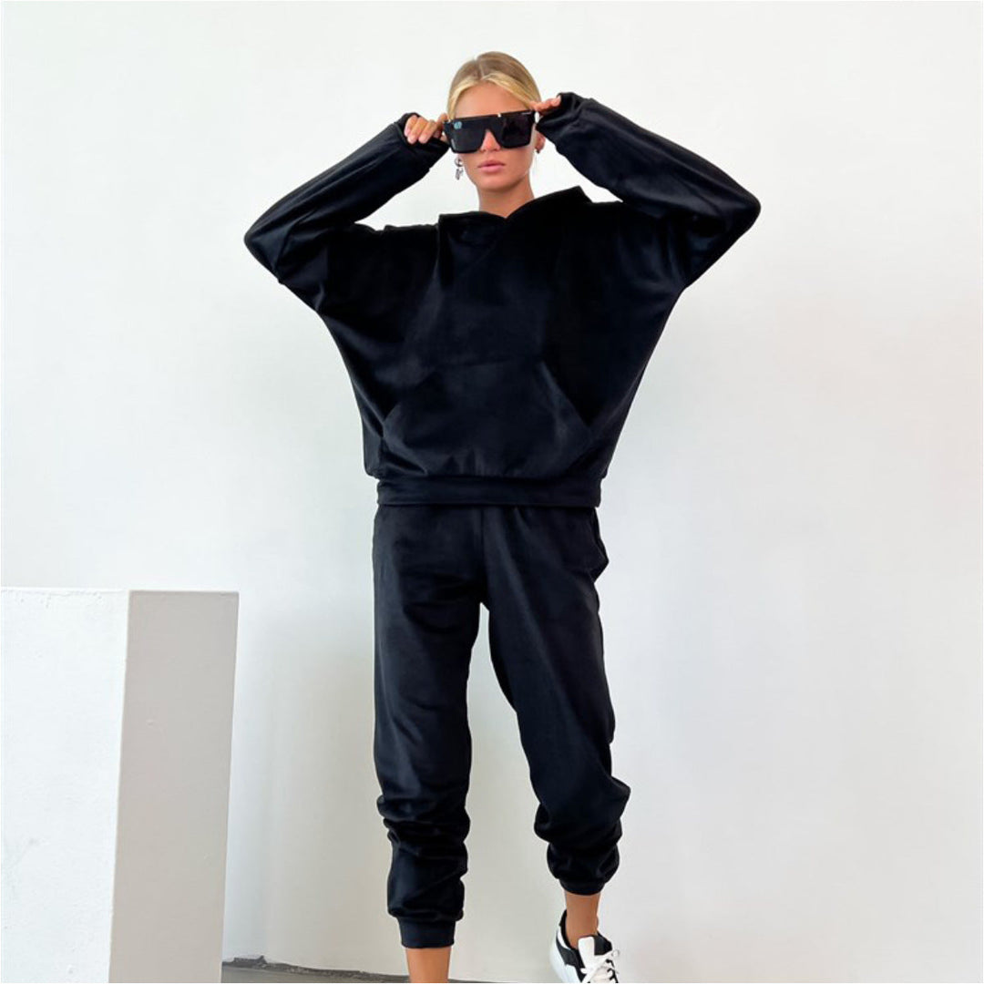 Damen bequemer Velours-Sweatanzug mit Kapuze und elastischem Bund Drune
