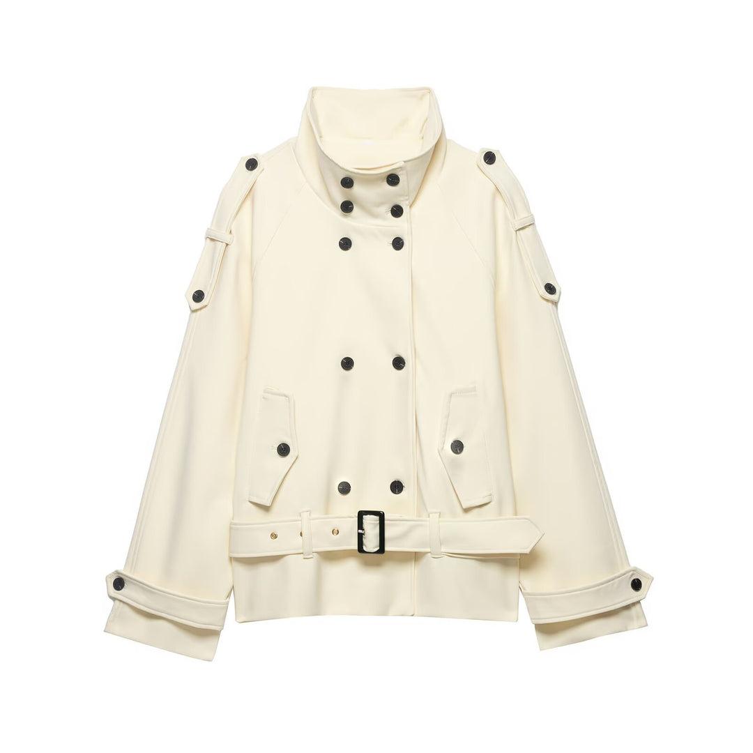 Damen Doppelreihiger Trench‑Cape mit Taillengürtel und Stehkragen Drune