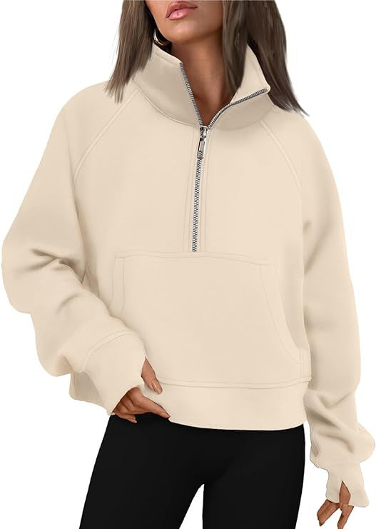 Damen nan verkürztes Oversize-Fleece-Sweat mit halbem Reißverschluss, Stehkragen, Kängurutasche und Daumenlochbündchen Drune