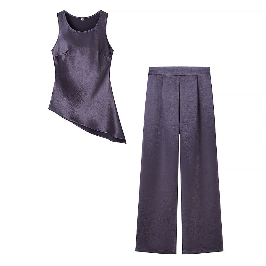Damen Set bestehend aus elegantem Oberteil mit asymmetrischem Saum und weit geschnittener Hose Drune
