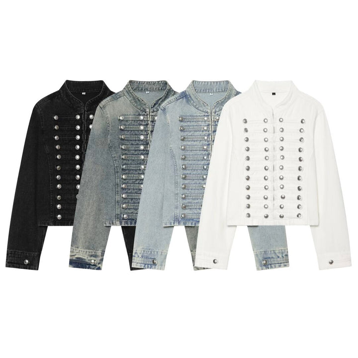 Damen Cropped Denim‑Blouson im Frackstil mit dekorativen Reihenknöpfen Drune