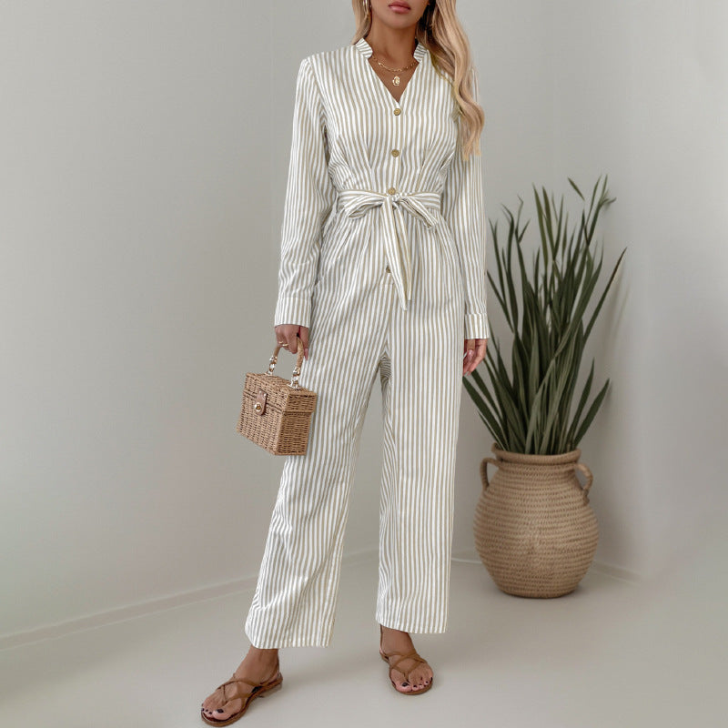 Damen Eleganter Jumpsuit mit schmalem Gürtel und Knopfdetails Drune