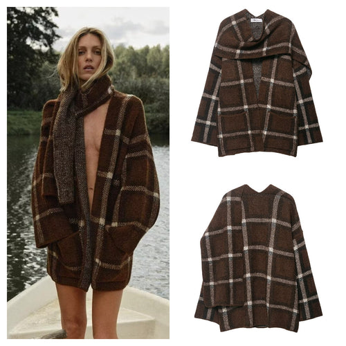Damen eleganter Oversized Cardigan mit Karomuster und praktischen Taschen Drune
