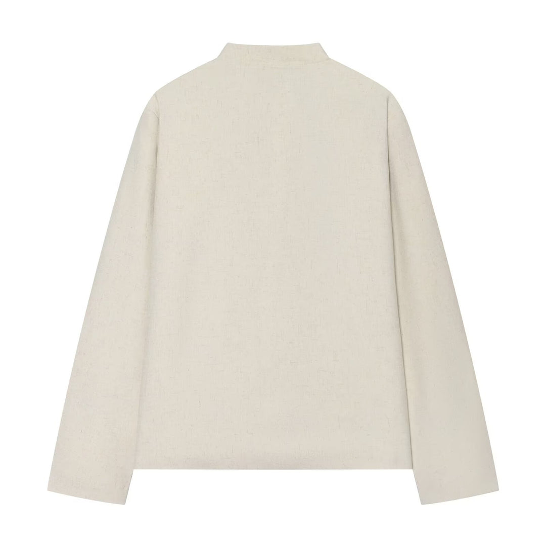 Damen Boxy-Cropped Leinenjacke mit Stehkragen und Froschverschlüssen Drune
