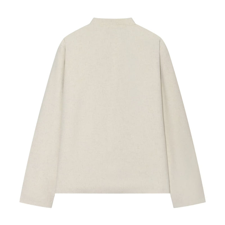 Damen Boxy-Cropped Leinenjacke mit Stehkragen und Froschverschlüssen Drune