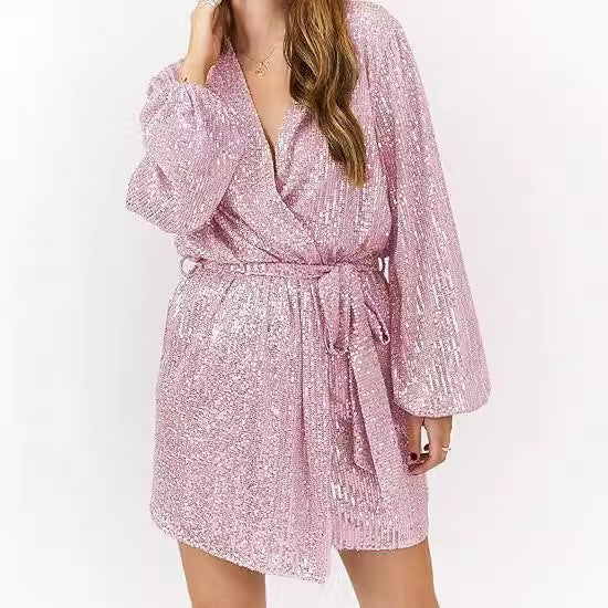 Damen Glitzernder Morgenmantel mit elegantem V-Ausschnitt und breiten Ärmeln Drune
