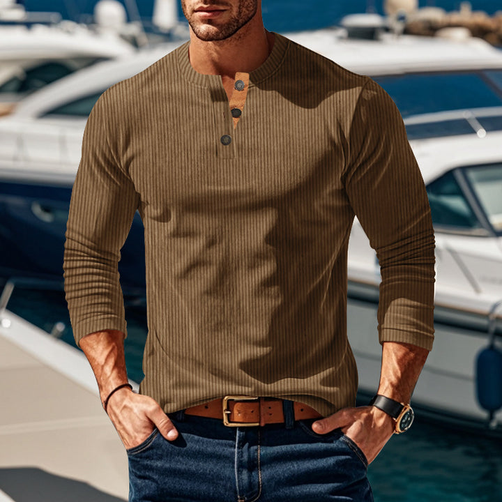Herren nan geripptes Langarm-Henleyshirt mit Stehkragen und verdeckter Knopfleiste aus atmungsaktivem Jersey Drune