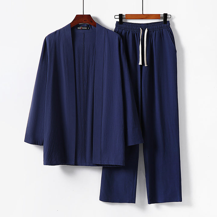 Herren Lockeres Kimono-Loungewear-Set aus leichter Baumwollmischung mit elastischer Kordelhose Drune