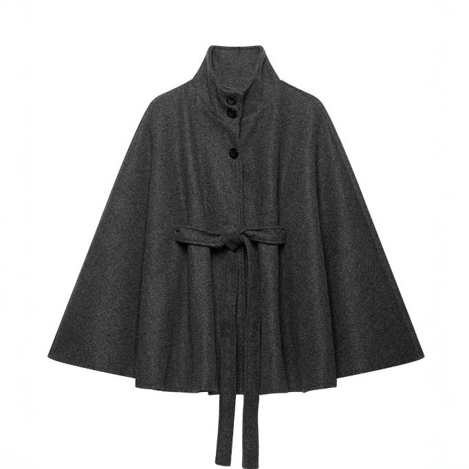 Damen Kurzcape aus Wollmix mit hohem Stehkragen und Bindegürtel Drune