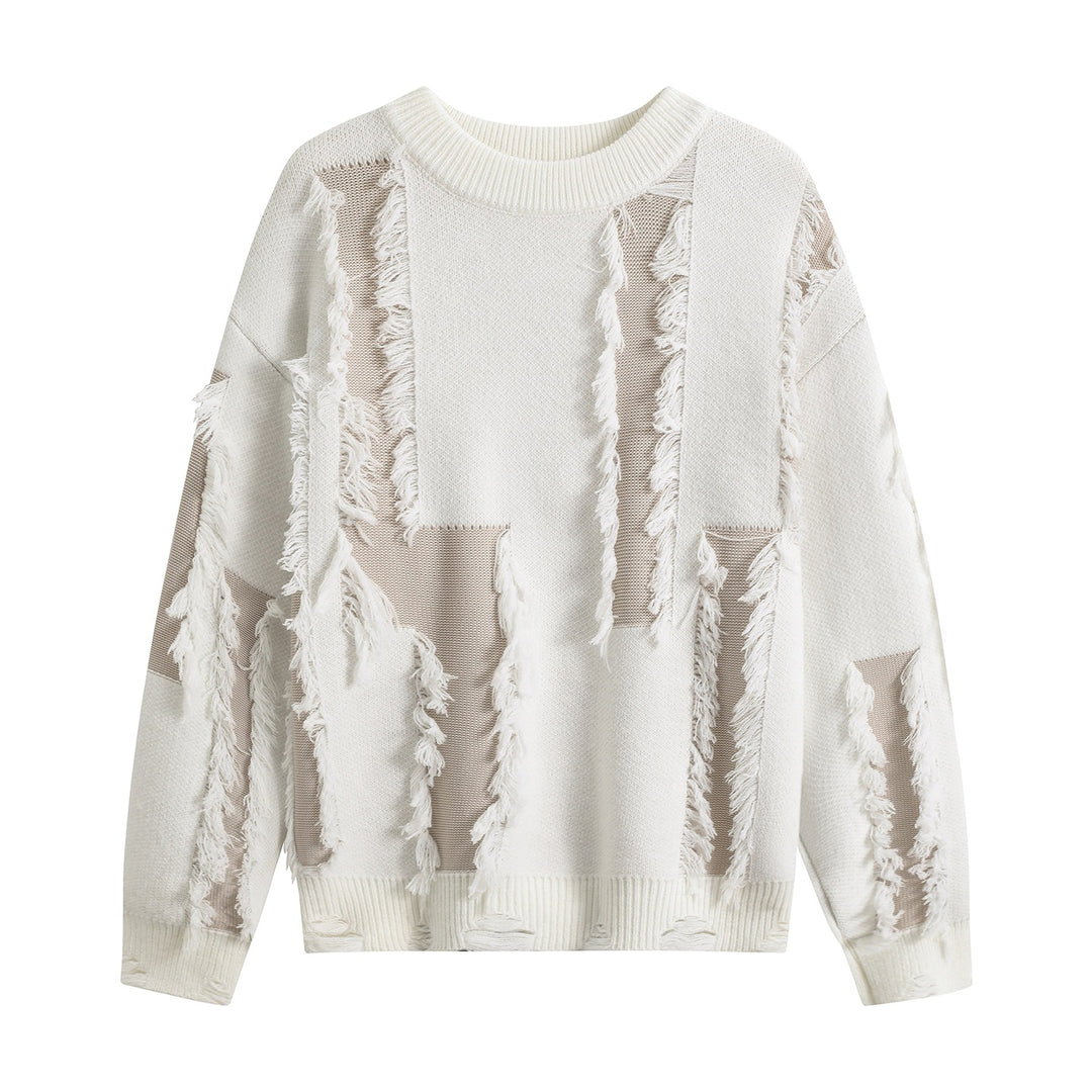 Damen Oversize Strickpullover mit Fransenapplikationen und Destroy-Look Drune