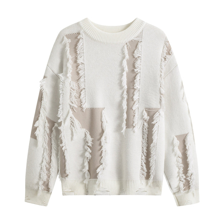 Damen Oversize Strickpullover mit Fransenapplikationen und Destroy-Look Drune