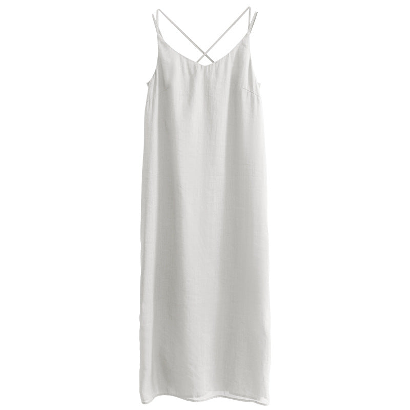 Damen elegantes Leinenkleid mit verstellbaren Spaghetti-Trägern und fließendem Schnitt Drune