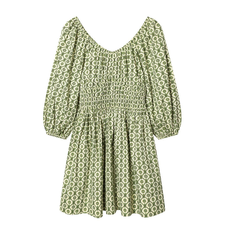 Damen Midikleid mit Smoktaillen, Ballonärmeln und ausgestelltem Rock Drune