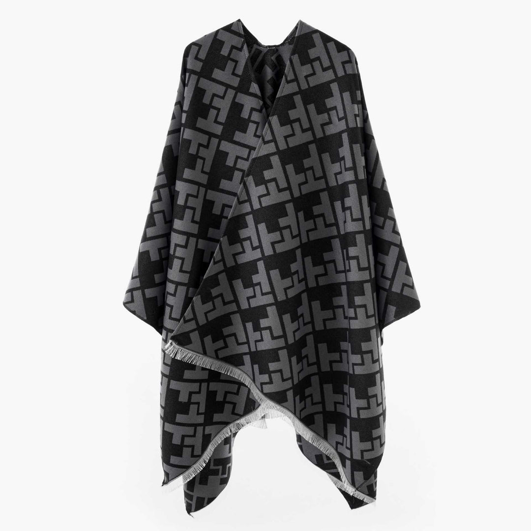 Damen Oversize Jacquard-Capeponcho aus Wollmix mit geometrischem Muster und Fransen Drune
