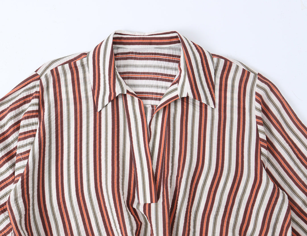 Damen Gestreifte Bluse mit V‑Ausschnitt, weitem Schnitt und dreiviertel Ärmeln Drune