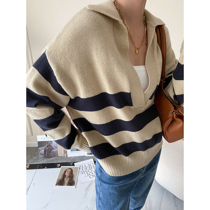 Damen Strickpullover mit V-Ausschnitt und Streifen Drune