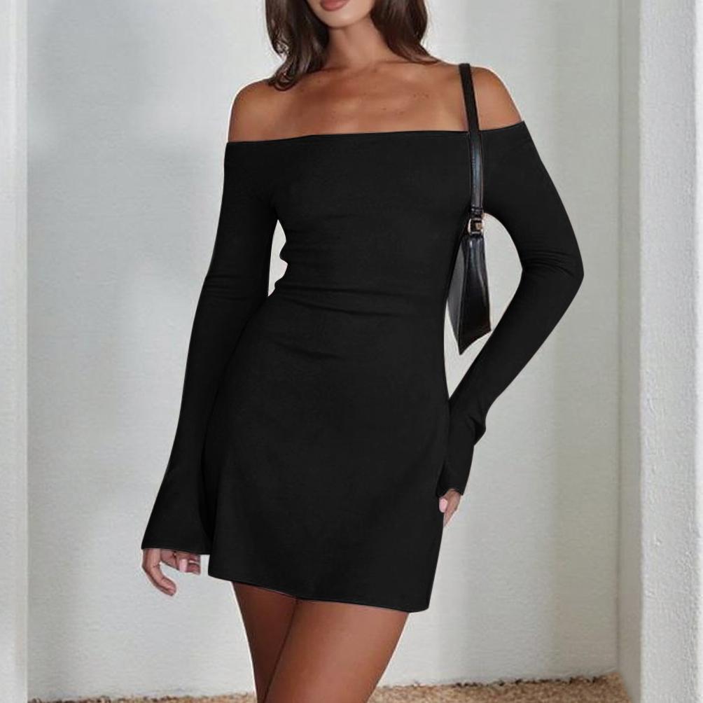 Damen elegantes schulterfreies Minikleid mit langen Ärmeln und figurbetontem Schnitt Drune