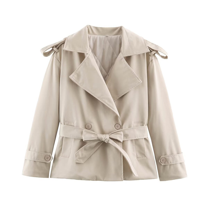 Damen Taillierte Kurz-Trenchjacke mit Bindegürtel und Schulterpatten Drune