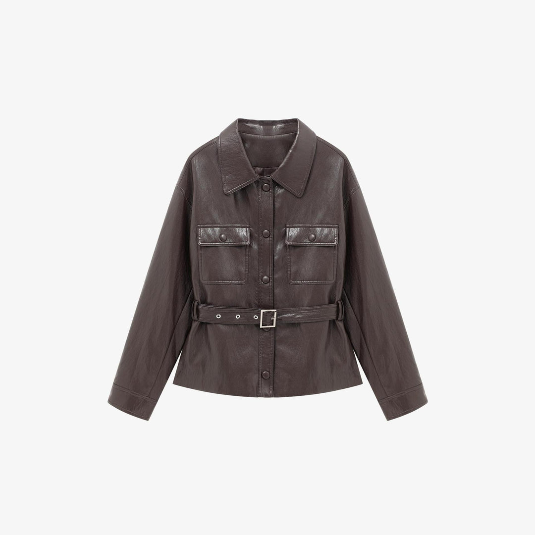 Damen Lederjacke im Oversize-Utility-Stil mit Taillengürtel Drune