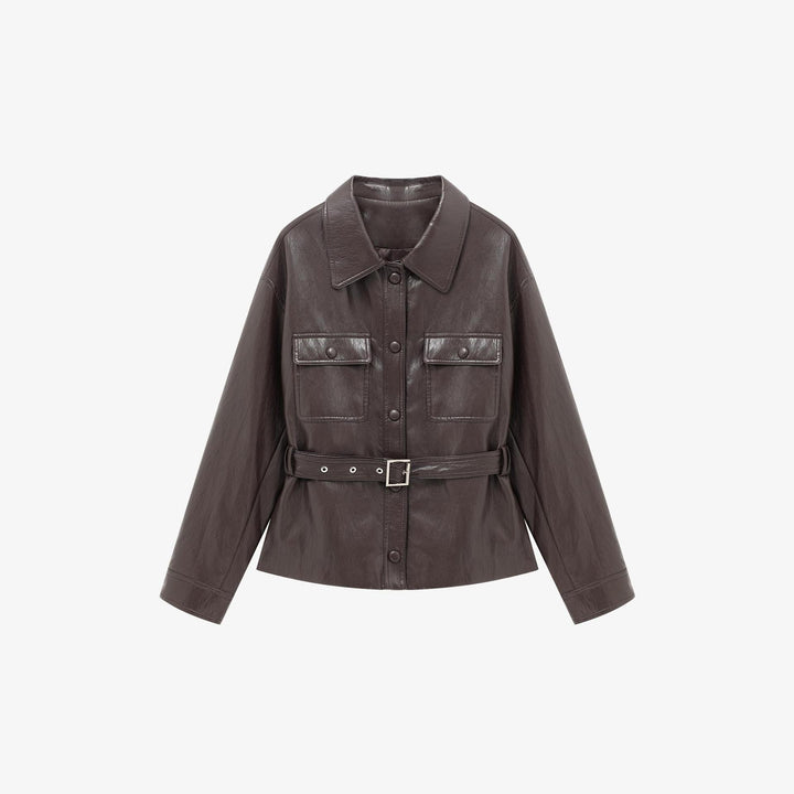 Damen Lederjacke im Oversize-Utility-Stil mit Taillengürtel Drune