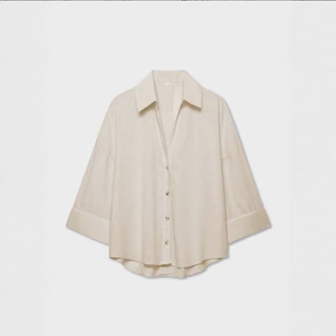Damen Leichte Oversize Leinenoptik Bluse mit Dreiviertelärmeln und durchgehender Knopfleiste Drune