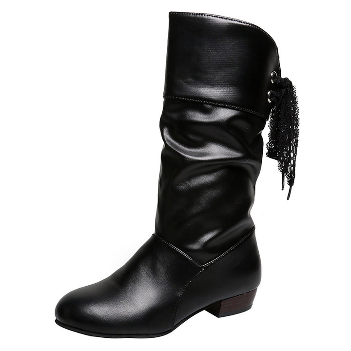 Damen  knielange Stiefel mit rückseitiger Schnürschleife, gerafftem Schaft und flachem Blockabsatz Drune