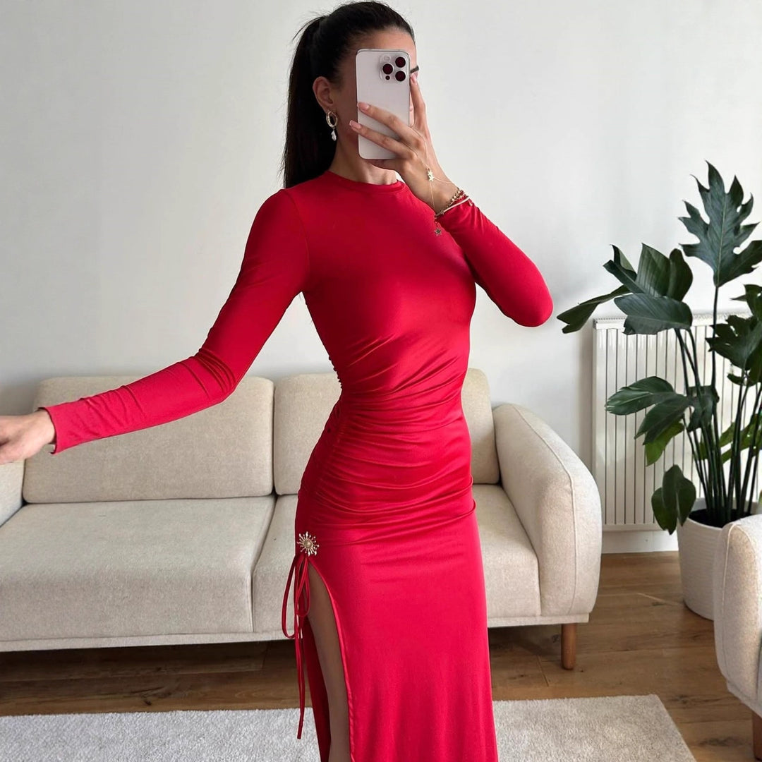 Damen elegantes, figurbetontes Kleid mit Raffungen und hohem Schlitz Drune