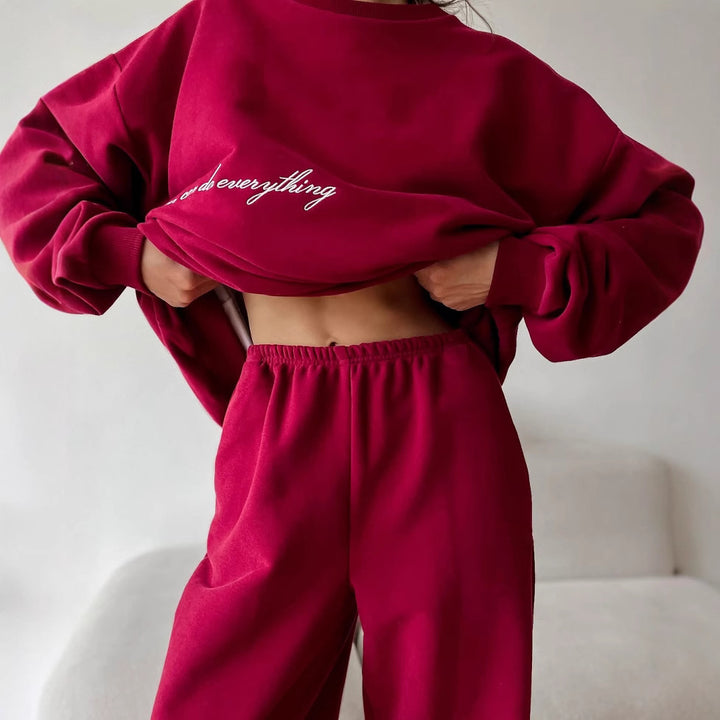 Damen lässiges Lounge-Set aus French-Terry mit oversized Cropped-Sweatshirt und hoher Taillen-Jogginghose Drune