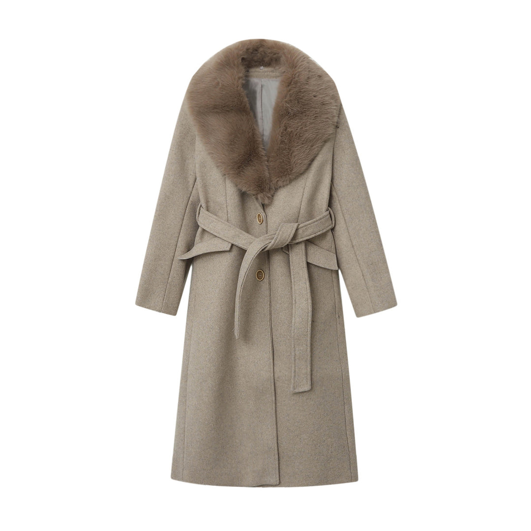 Damen nan eleganter Mantel mit großem abnehmbaren Schalkragen aus Fauxfur, Wickelgürtel und verdeckter Knopfleiste Drune