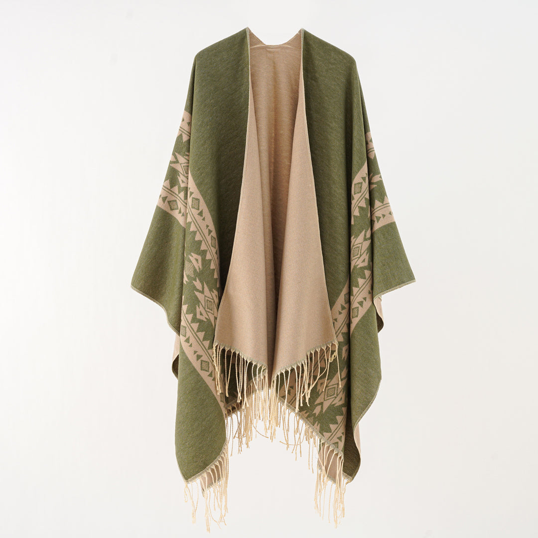 Damen Oversize Fransen-Poncho aus Jacquard-Baumwollmischung Drune